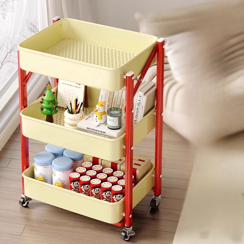 Foldable Multi-Layer Snack Storage Rack Dopamine Rolling Cart Mobile Kitchen Organizer Floor Stand Book Storage Rack