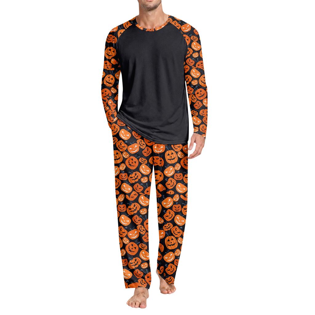 Men's Halloween Pajama Set Long Sleeve Round Neck Top and Pants Casual Comfortable Sleepwear