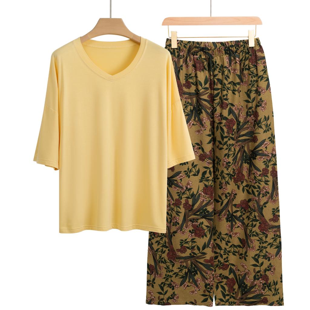 Pajamas Women's Spring and Summer New V-neck Short-sleeved Cotton and Linen Pants European and American Large-size Loungewear Two-piece Set