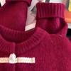New Red Round Neck Long-sleeved Cardigan Winter New Button Design Knitted Sweater Top Trendy