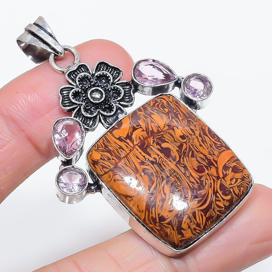 

Natural Mariam Jasper, Kunzite 925 Sterling Silver Jewelry Pendant 2.36 c0k06