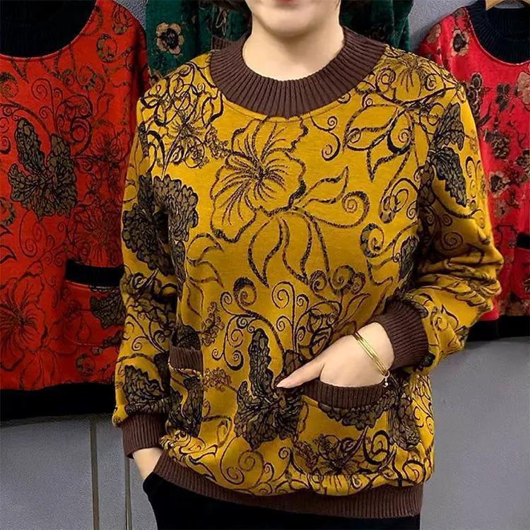 Imitation Super Winter Large Size Mom Pack Fleece Thickened New Printed Long Sleeve Warm Middle Old Lady Bottom Shirt