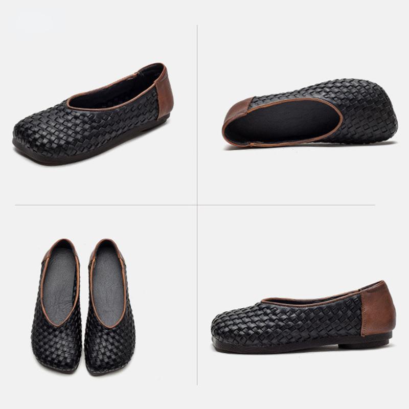 Johnature Vintage Versatile Genuine Leather Woven Flat Shoes Handmade Square Toe Shallow Soft Sole Slip-on Shoes