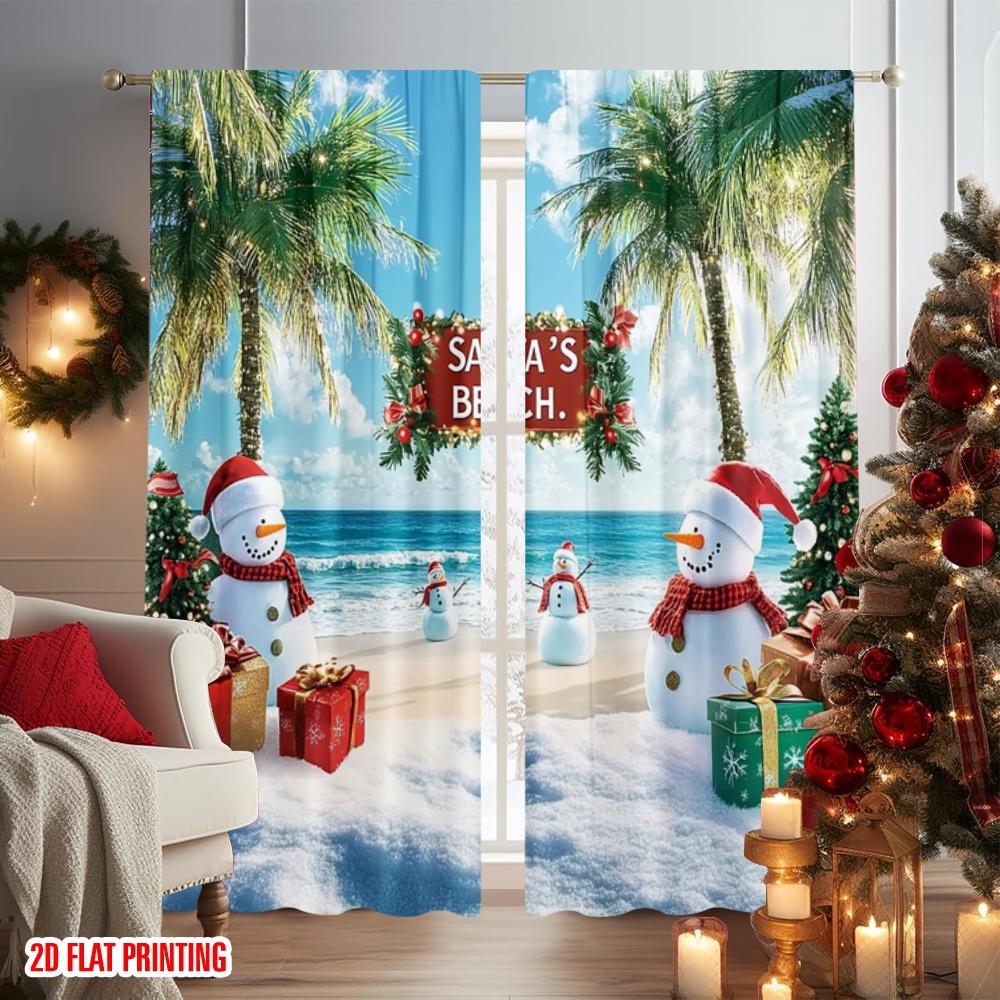 Set Of 2 Flat Printing Christmas Party Curtain Santa Claus Beach Tropical Snowman Polyester Without Electricity Spring Perfect Made