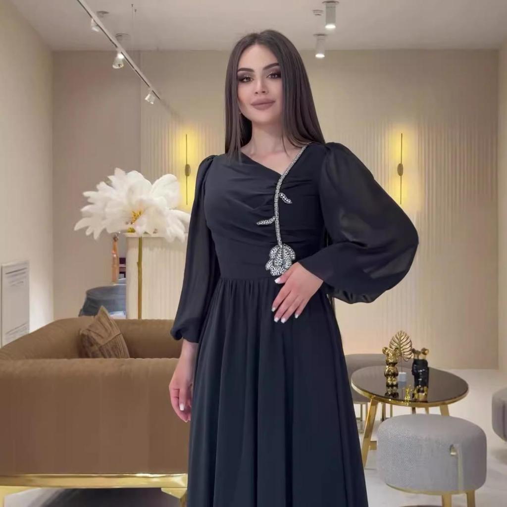 2024 Summer European & American Slimming Mesh Dress with Slanted Collar & Lantern Sleeves