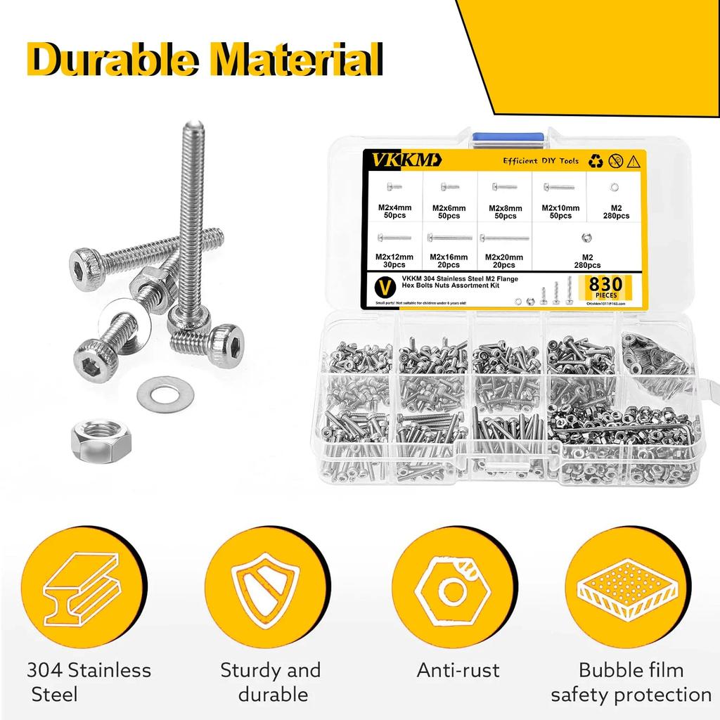 VKKM 830 Piece M2 Stainless Steel Screw Set, Including Nuts, Washers, and Tools, Multiple Specifications, Practical Preferred.