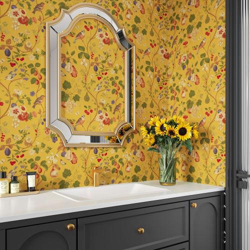 VEELIKE Floral Wallpaper Sticker, 44.5cm X 3m, Japanese-style, Featuring Grapevine and Bird and Flower Patterns In Yellow. Perfect for Redecorating, C