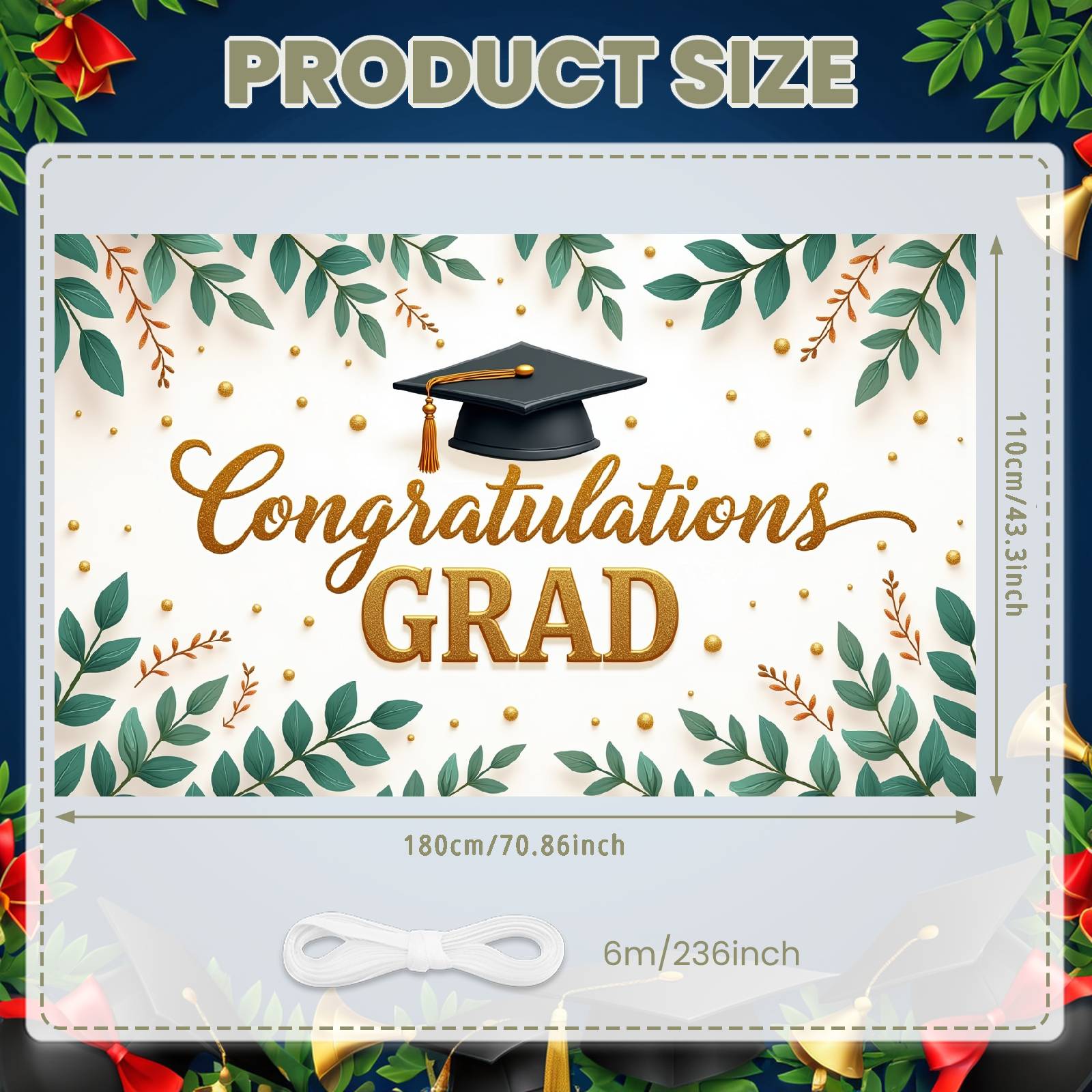 Grad Ceremony Backdrop Golden Dots Congratulation Banner Grad Display Grad Cap Design Graduation Banner For Graduate Celebration
