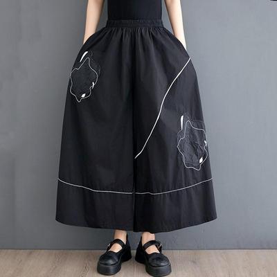 Pantaloni da donna neri taglie forti con ricamo vintage a vita alta, larghi, casual, estivi, a gamba larga