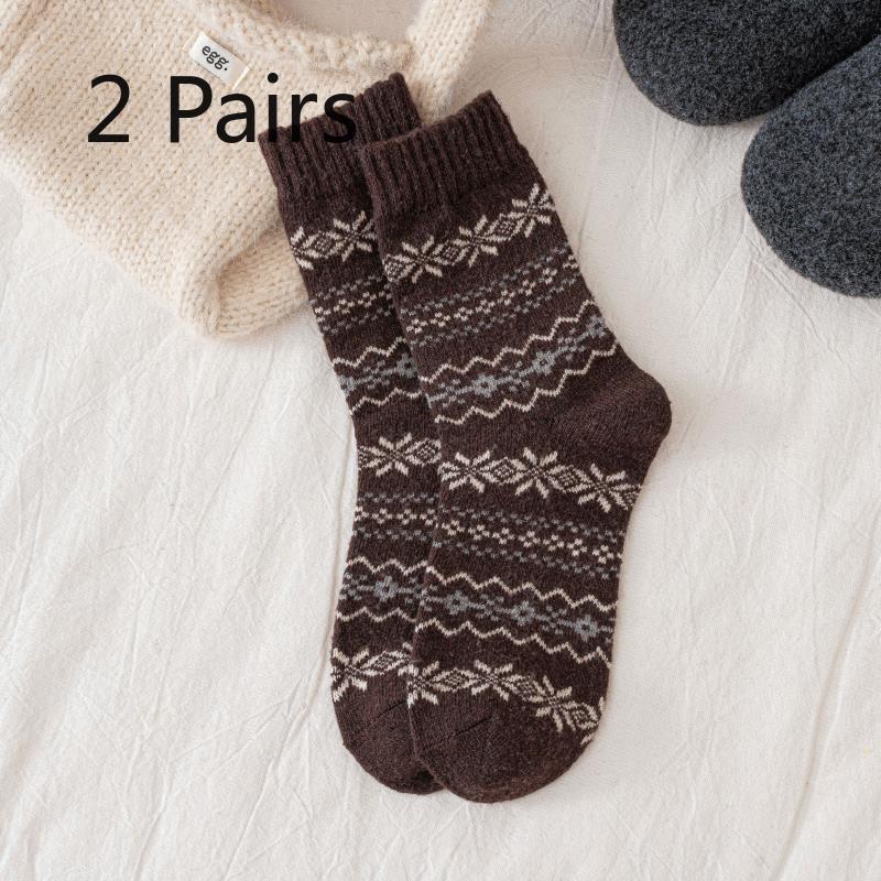 2 Pairs of Autumn-winter Retro Fair Isle Snowflake Wool Socks - Children's Mid-calf Socks, Thick and Warm, Versatile and Suitable for All Occasions.