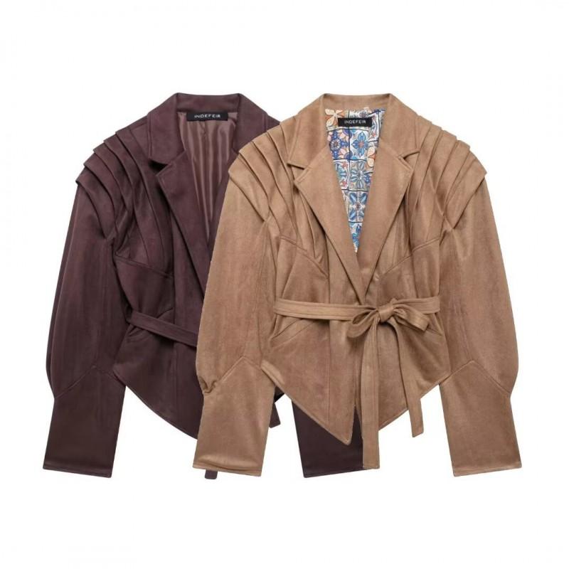 Womens Fall Faux Suede Jacket - Slim Fit Lace-Up Waist V-Neck Street Style