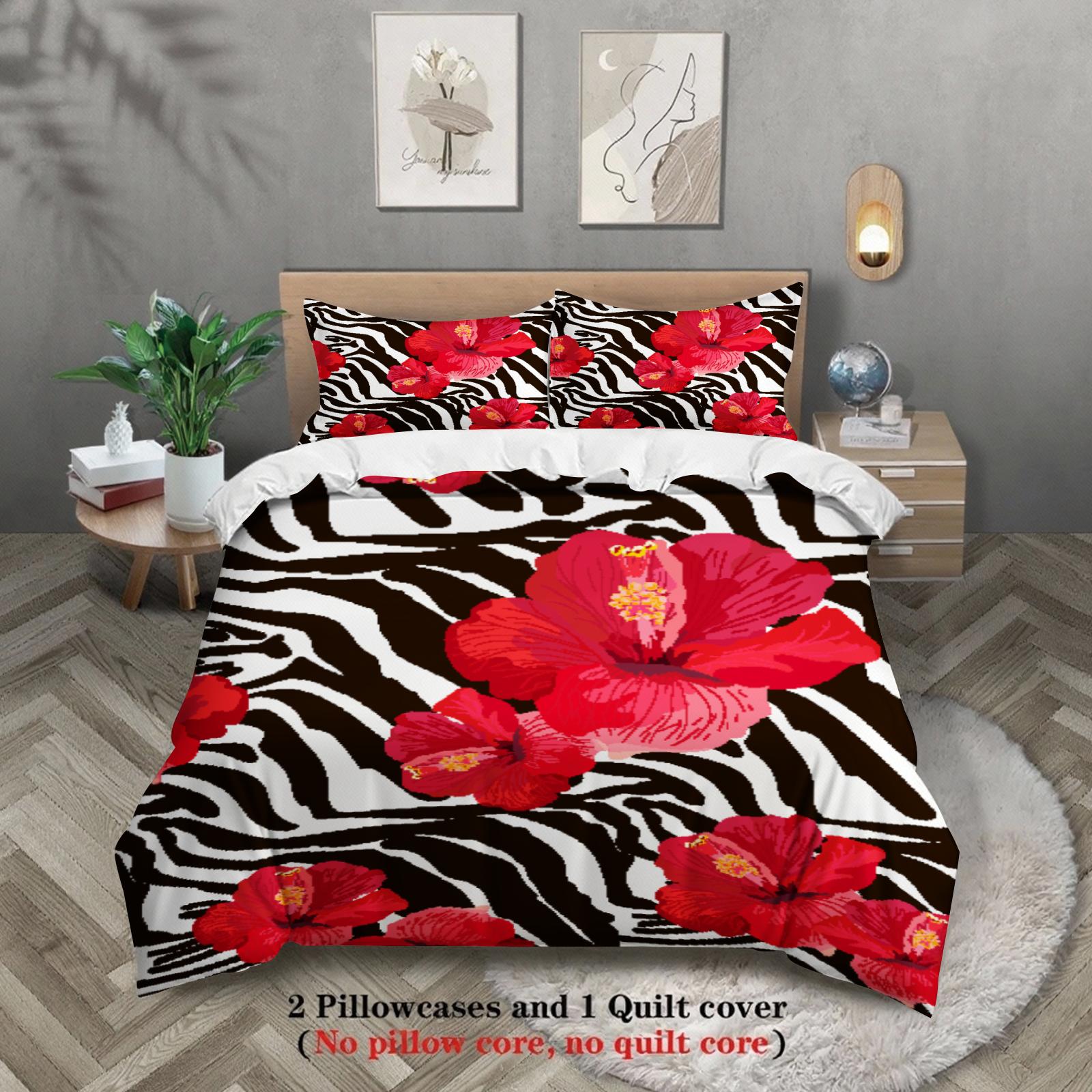 

3pcs Vivid Floral Duvet Cover Zebra Stripe 3D Printed Single Twin Queen Size 100% Polyester Quilt Cover Sets US King(264x229cm)