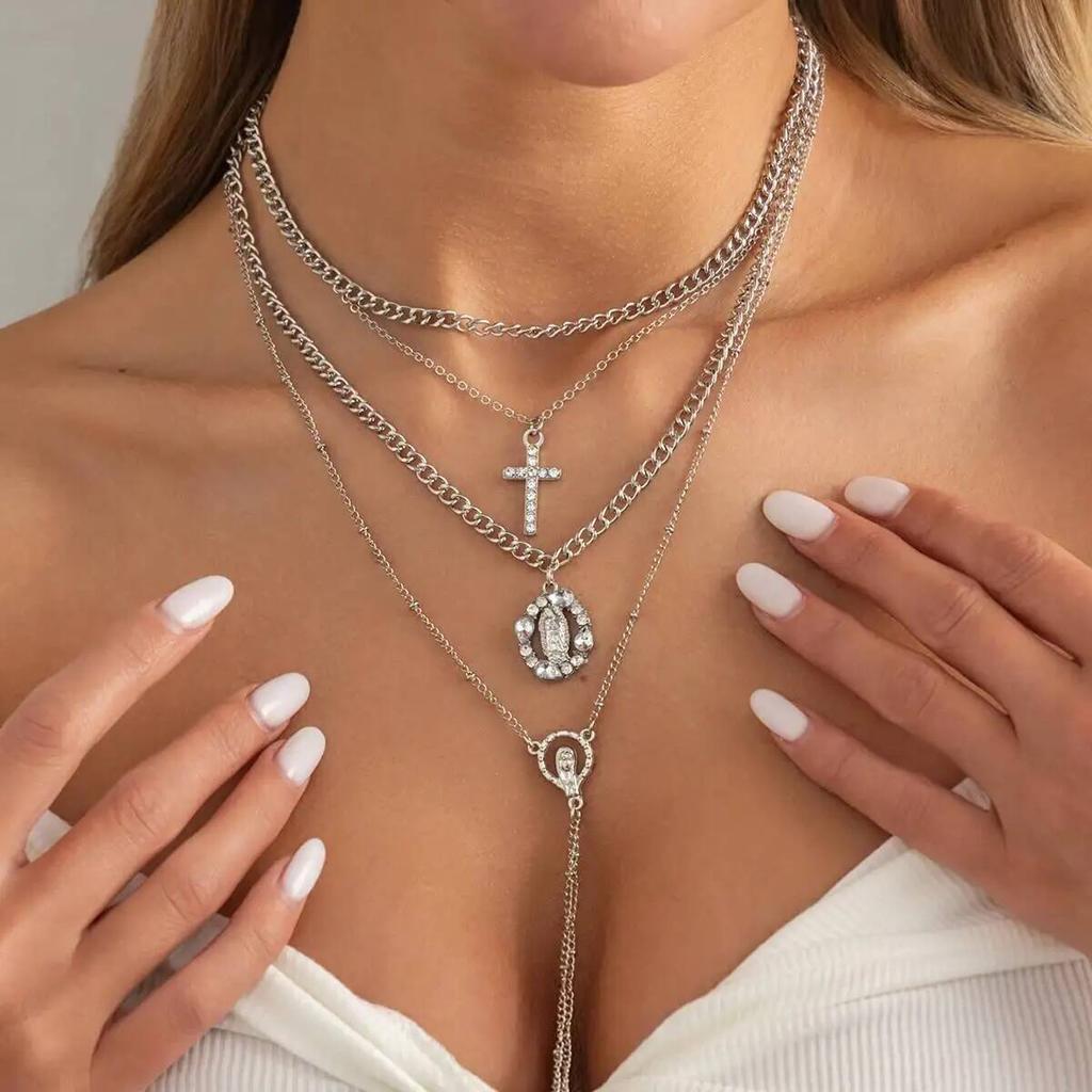 SHIXIN 3 Pcs/Set Vintage New Gold Color Cross Necklace Women Boho Trendy Multi-Layer Rhinestone Pendant Necklaces Jewelry Gifts