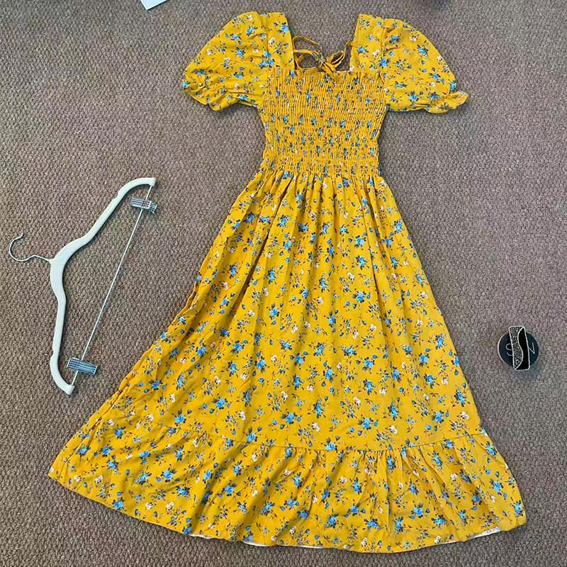 French Vintage High Waist Floral Dress With Tie Belt For Casual And Party Wear