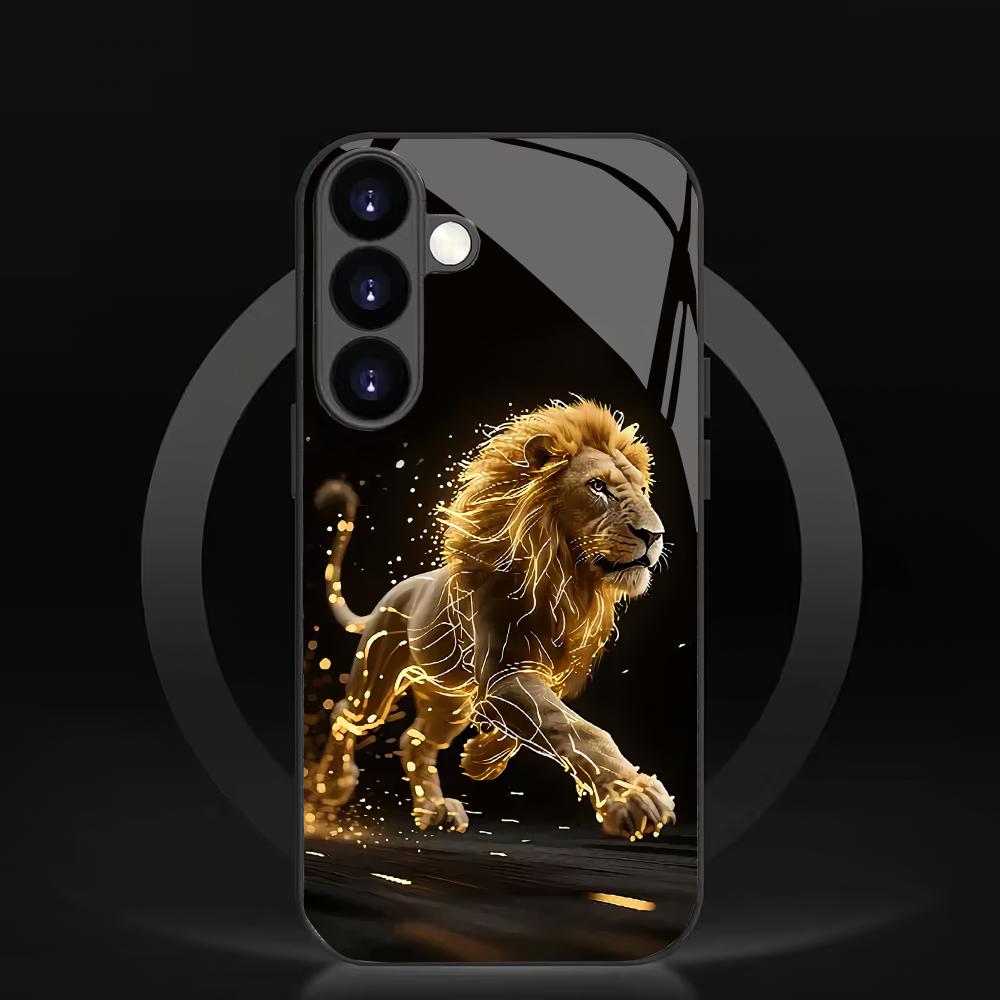 Golden Lion tempered glass phone case suitable for Samsung Galaxy S26 S25 S24 S23 S22 S20 FE/Ultra/Plus anti drop back cover