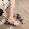 Fashion High-Heeled Shoes Lady Slippers Casual Square Heel Low Jelly Slides Slipers Women Luxury Block Glitter 2025 Summer