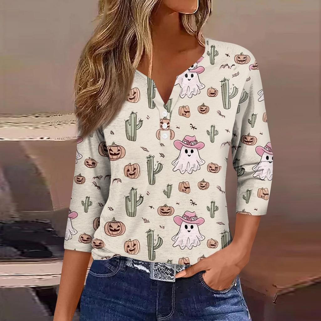 Women's V-Neck Button Halloween Three-quarter Sleeve T-Shirt Top