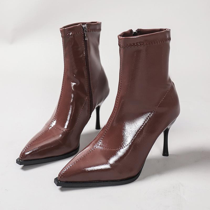 Fashion Patent Leather Women Ankle Boots Zipper Shoes Sexy Thin Heels Pointed Toe Modern Short Botas Mujer