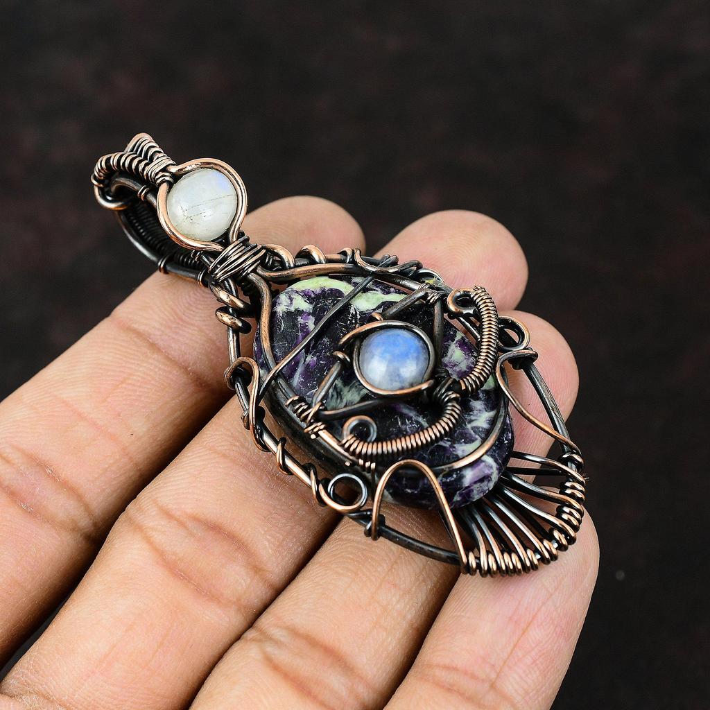 Evil Eye Kammererite Gemstone Copper Pendant Copper Wire Wrapped Jewelry Dainty Moonstone Jewelry Evil Eye Jewelry Handmade Pendant For Gift