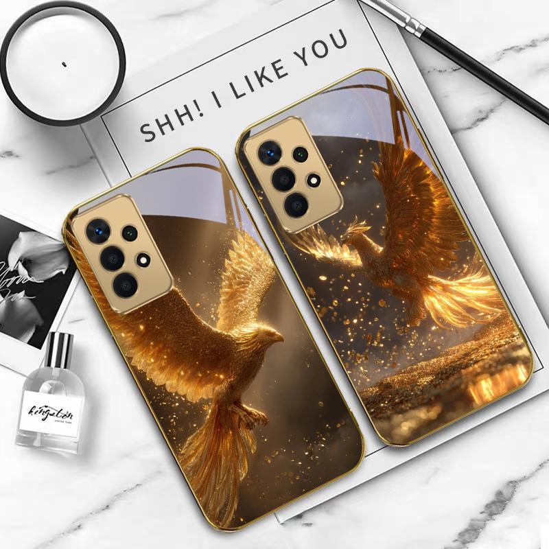 Luxurious Golden Bird For Samsung A 01 52S A04 A05S A10 A12 13 22 23 24 36 42 M02 Note 10 20Ultra 8 9 Golden glass phone case