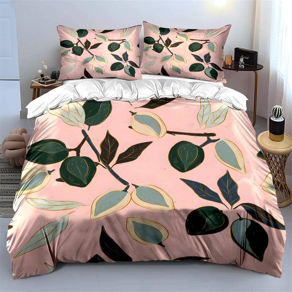 Delicate Hand-drawn Fruits and Leaves Print Bedding Set 1 Duvet Cover 2 Pillowcases for Adult and Children Luxury Gift Full Size