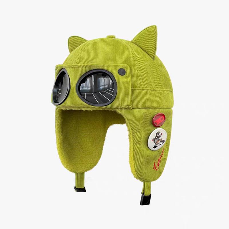Pilot glasses cat ear ear protection hat men and women winter velvet warm leopard print corduroy cycling cotton hat