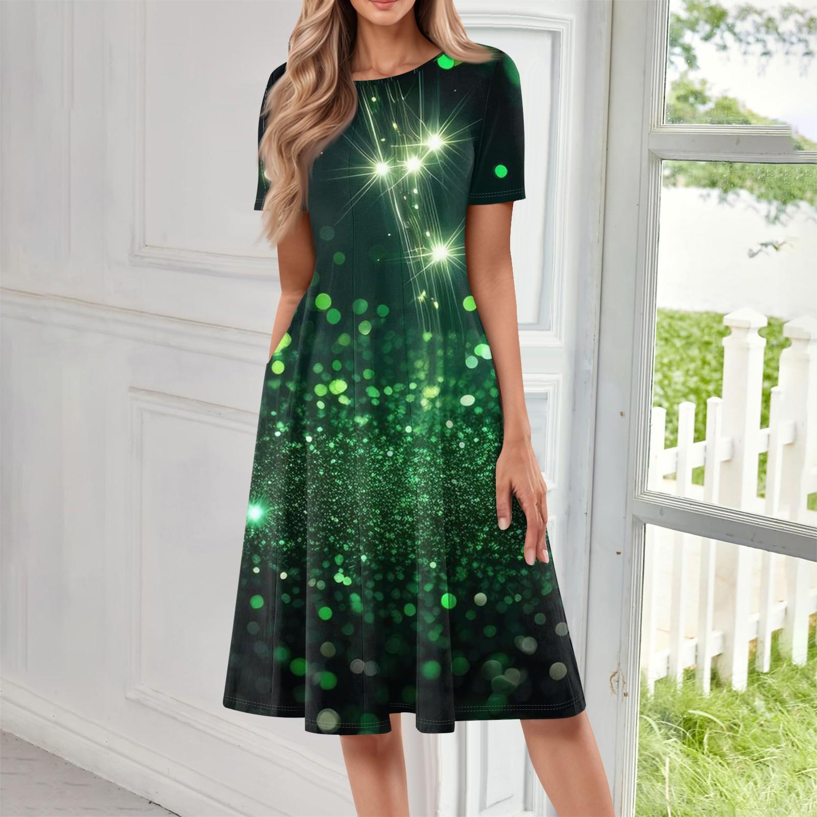 

Женское свободное повседневное и модное платье с круглым вырезом и короткими рукавами, средней длины с принтом L армия зеленый