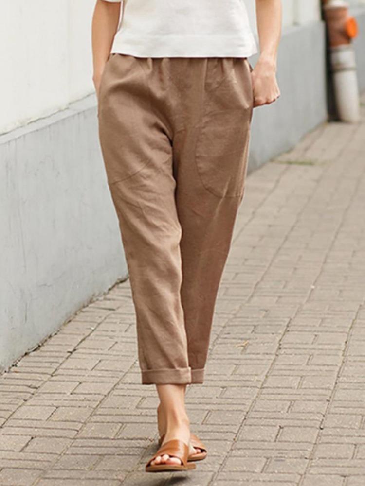 Ladies Cotton Linen Trousers Women Summer Loose Long Pants Solid Color Double Pocket Comfortable Trousers