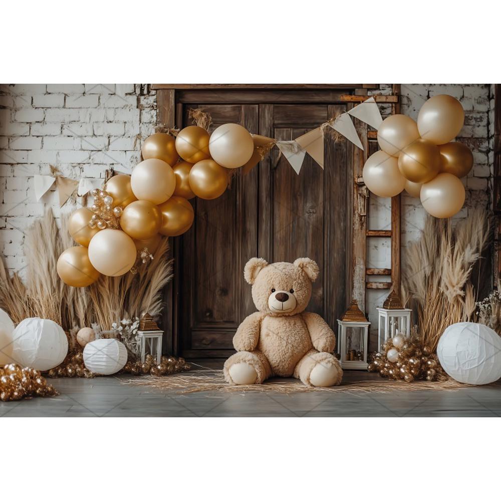 Boho Pampas Teddy Bear Photography Background Balloons Arch Tent Decor Cake Smash Baby 1st Birthday Indoor Photocall Backdrops