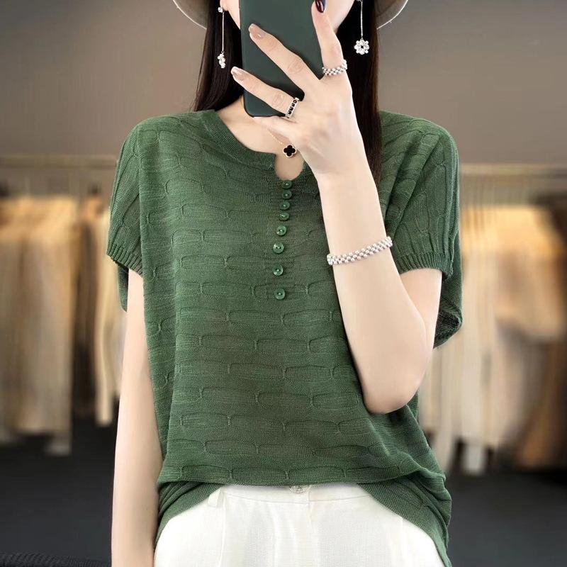 GMXIA Linen Ice Silk Top, Solid Color Knitted Sweater, Summer Slimming, Large Size, Round Neck, Thin Sheer Mesh