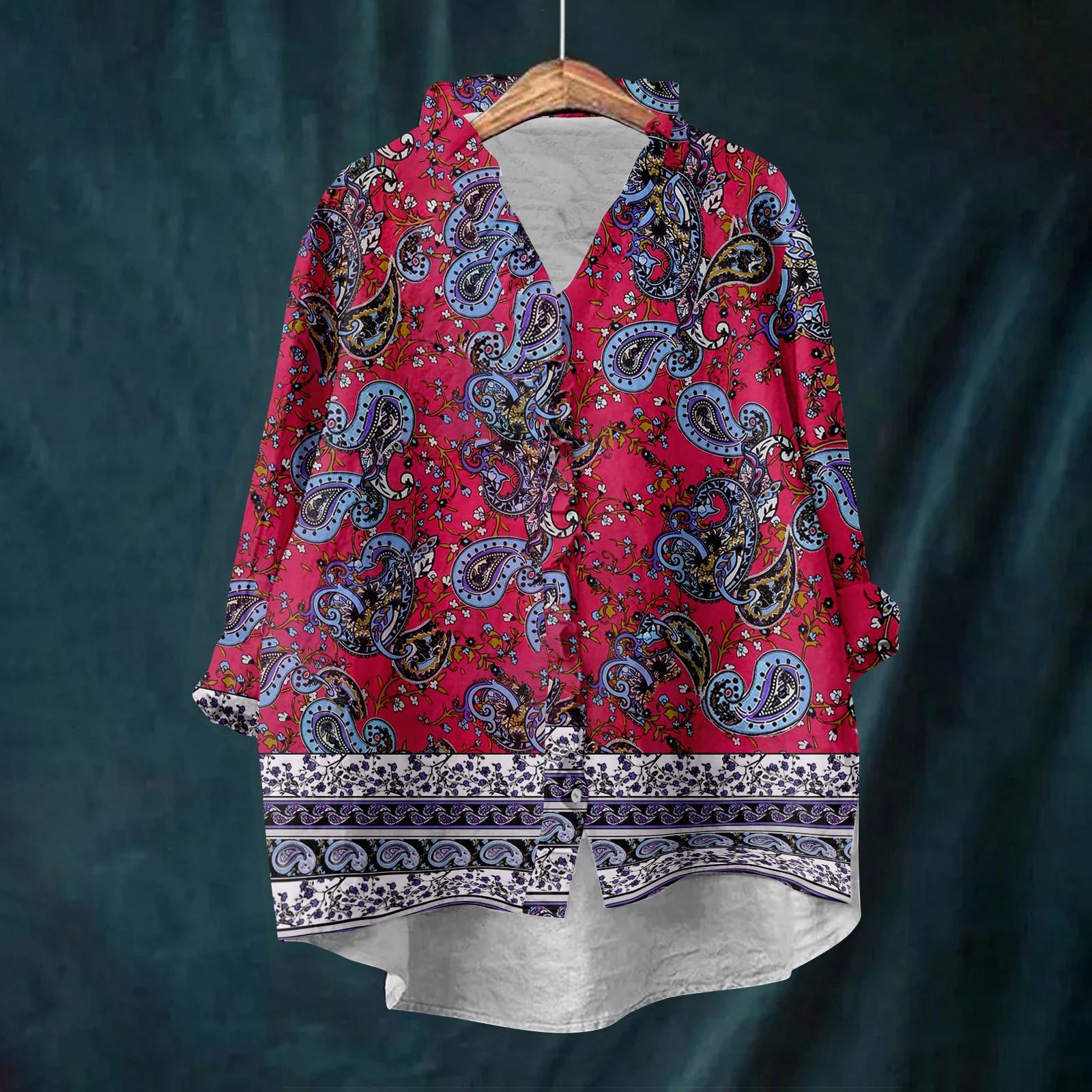 Women s Loose Ruffled Floral Print Stand Collar Long Sleeve Cotton And Linen Top L