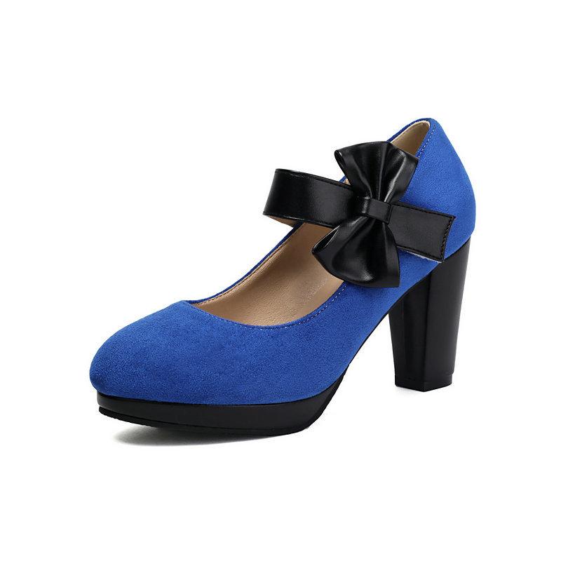 Suede Round Toe Chunky Heels with High Heels Bow Velcro Line with Single Shoes