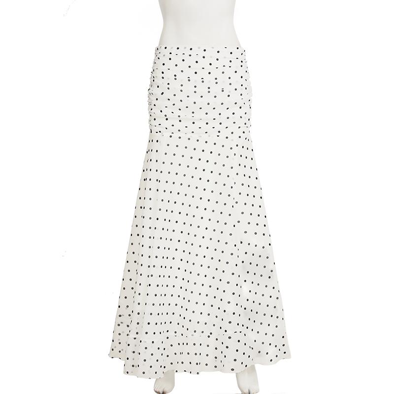 Polka Dot Skirt French Style Ruffled Mesh A-line Skirts Elegant Maxi Bottoms High Waist Streetwear S белый