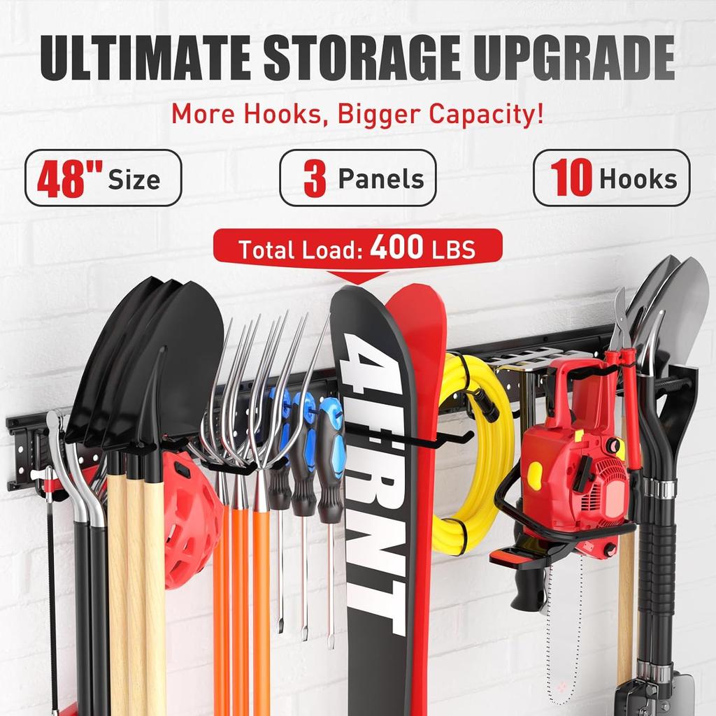 Garage Tool Organizer Wall Mount 48 Inches with 10 Adjustable Heavy-Duty Hooks, Garage Organization Garden Storage Rack Up To 400 Lbs