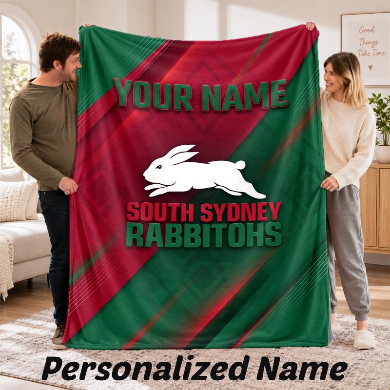 South Sydney Rabbitohs Personalized Flannel Blanket Custom Name Text Soft Throw Blanket Home Decor