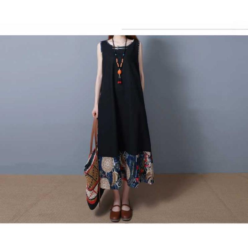 

Женское модное платье-жилет из лоскутов хлопка и льна с принтом свободного кроя M чёрный