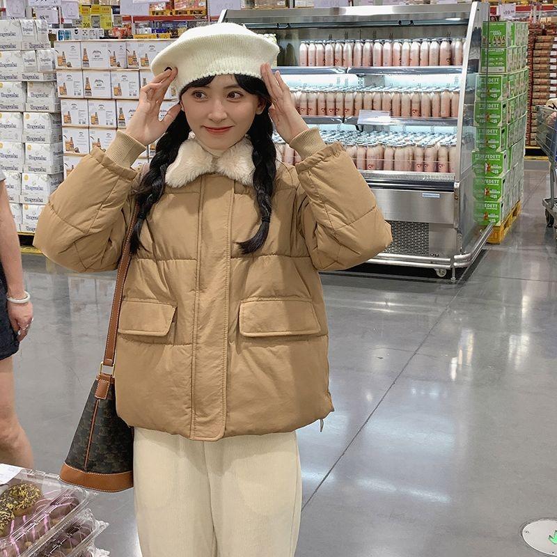 

Зимняя новая одежда на хлопковой подкладке из пуха для студенток, простая куртка на хлопковой подкладке из овечьей шерсти, короткая куртка, тонкая и свободная одежда на хлопковой подкладке L (recommended 130-75kg) хаки