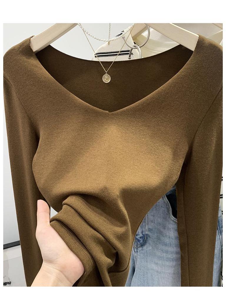 Women's V-Neck Long-Sleeve White T-Shirt, Spring 2024 Slim Fit Base Layer Top