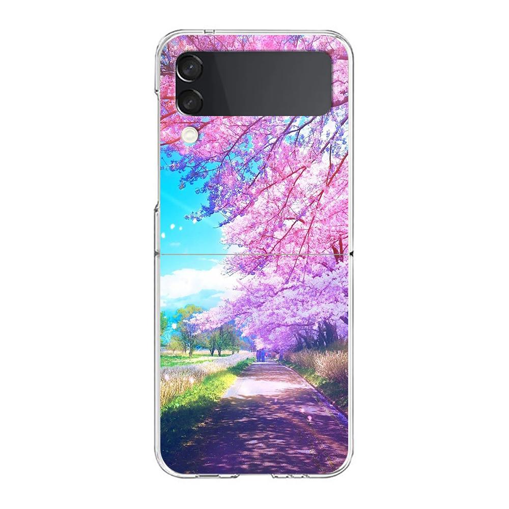 Cherry Blossoms Japanese Traint Moun For Samsung Galaxy Z Flip 3 4 5 Hard Folding Clear PC Phone Case For Samsung Z Flip3 Cover