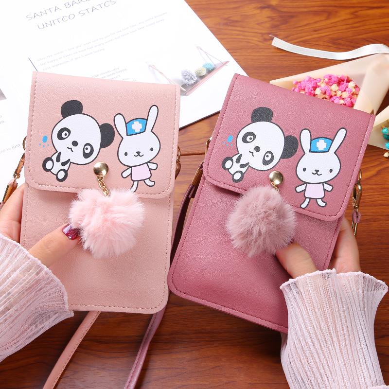 Bærbar PU-skinn tegneserie Enkel Mini Gjennomsiktig berøringsskjerm Mobil lommebok Skulder Crossbody Bag for IPhone Samsung Huawei