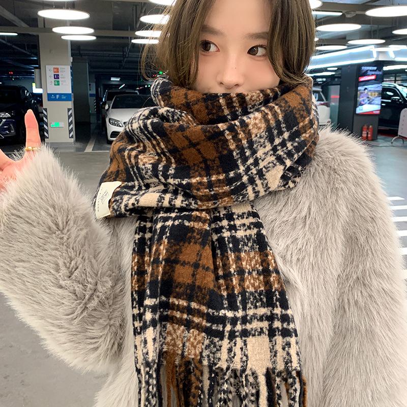 Dried Rose Pink Plaid Scarf Women's Winter Senior Feeling Warm New Sweet Versatile Fringed Shawl Scarf
