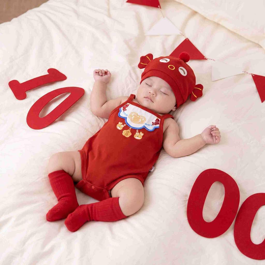 Youqi Festive Red Romper for Newborns – First Birthday & 100 Days Celebration
