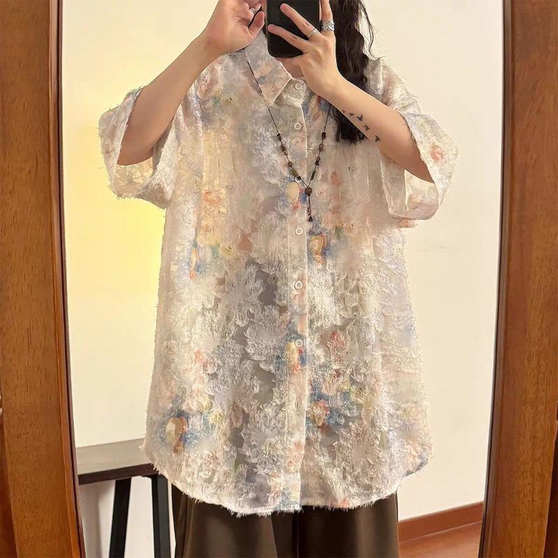 

Тонкая женская рубашка с цветочным принтом и кисточками в американском ретро-стиле, свободный летний топ с коротким рукавом для повседневной носки XXL