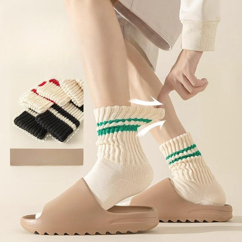 Striped Two-bar Socks, Women's Mid-calf Socks, Autumn and Winter Trend, Solid Color, College Style, Pile Socks, Sports and Casual Women's Socks