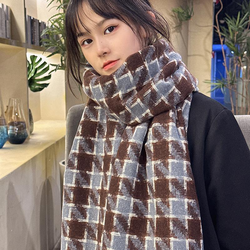 High End New Plaid Scarf Autumn and Winter Warm Shawl Student Retro Versatile Tassel Houndstooth Scarf for Women