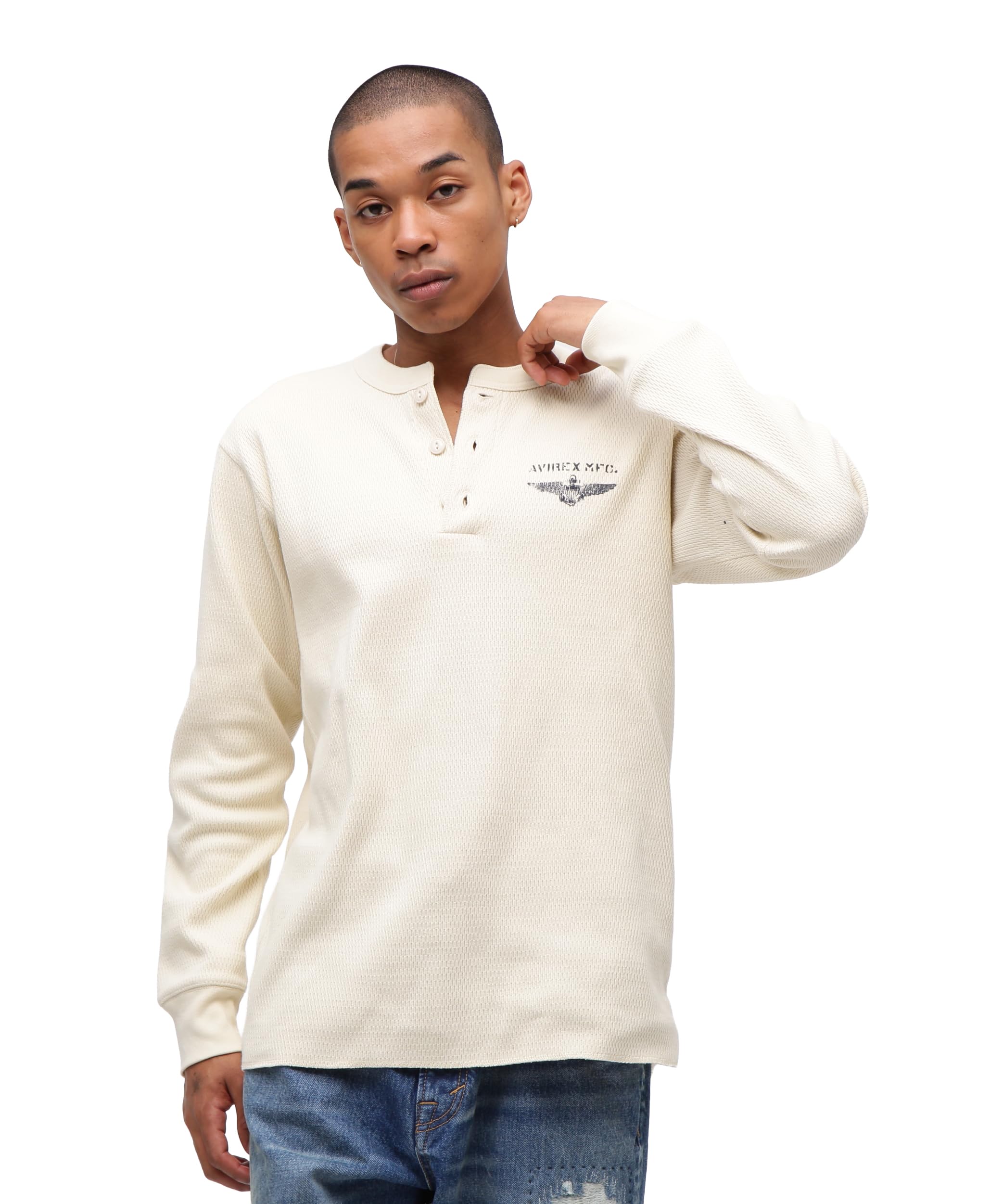 AVIREX HONEYCOMB WAFFLE HENRY NECK NAVAL T-SHIRT XL 414 natural 783-5230038