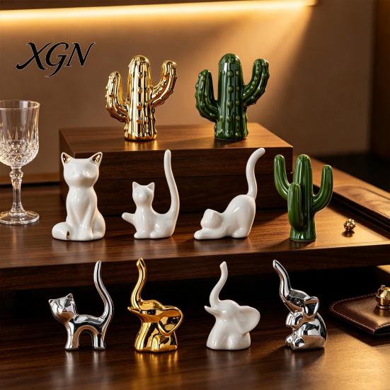 White Ceramic Figurine Nordic Minimalist Ornaments, Abstract Bear/Cat/Elephant/Cactus Sculpture Tabletop Decor for Elegant Table Centerpieces