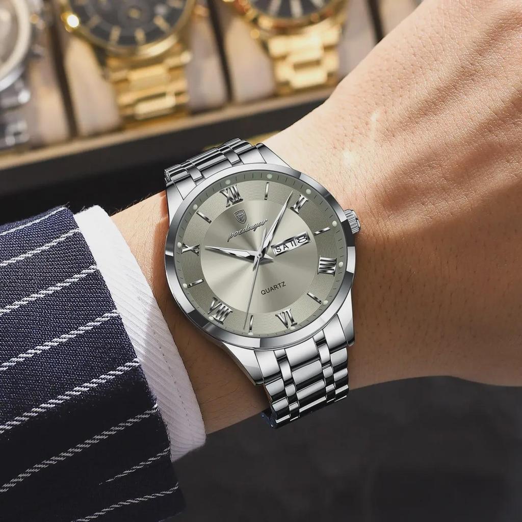 POEDAGAR Luxury Man Clock Waterproof Luminous Week Date Fashion Men's Wristwatch Stainless Steel Business Quartz Watches For Men