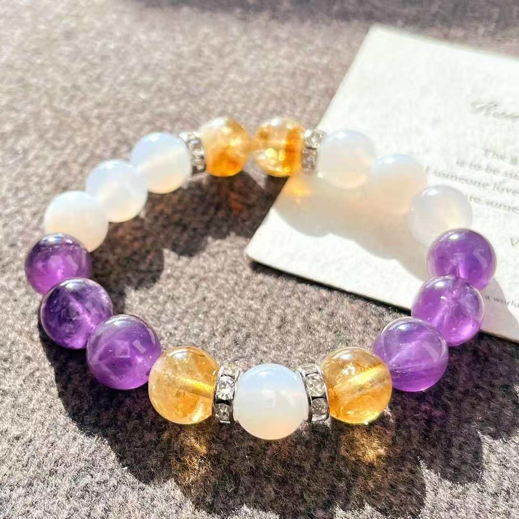 Retro High Quality Natural Large Particle 10Mm Amethyst Citrine Chalcedony White Bracelet Bracelet