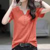 Women Summer V Neck Short Sleeve T-shirt Solid Color Waist Slim Korean Style Casual Commuter Blouse With Buttons